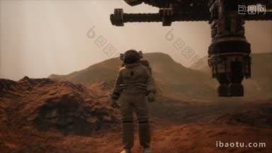 太空人漫步于火星的红色星球